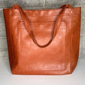 Cognac PU Leather Tote Bag Large Work Laptop Purse Snap closure